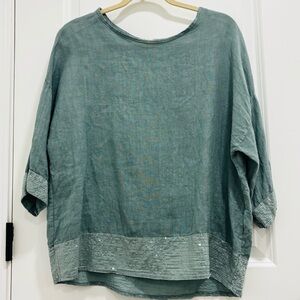 Bellambra Lagenlook Style Linen Blouse Italy Sequins Sleeves Bottom Hem Slate